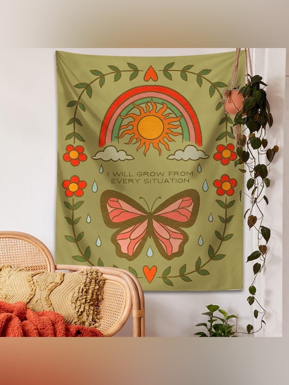 Bohemian Retro Rainbow Butterfly Flowers Tapestry Wall Decor